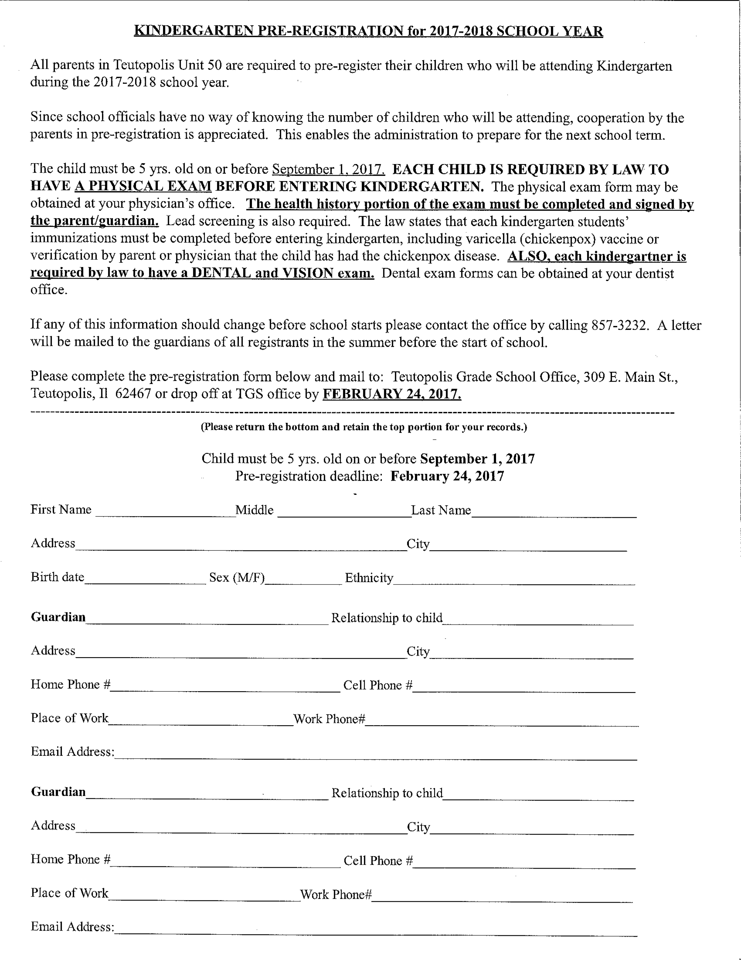 Kindergarten Pre-Registration for 2017-18 School Year